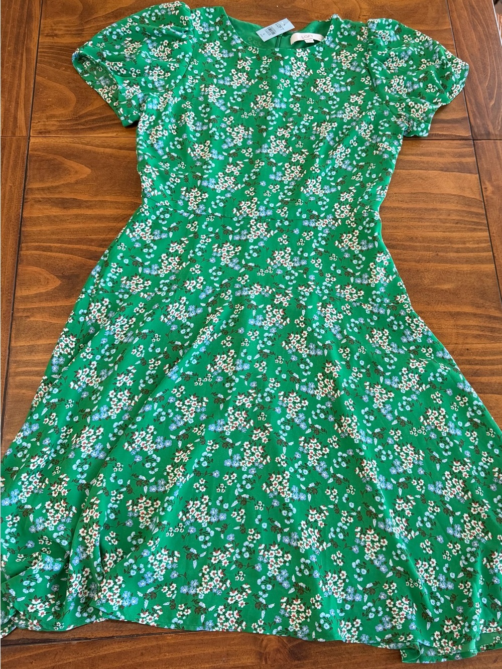 LOFT Green Floral Short-Sleeve Fit-and-Flare Dress 6P